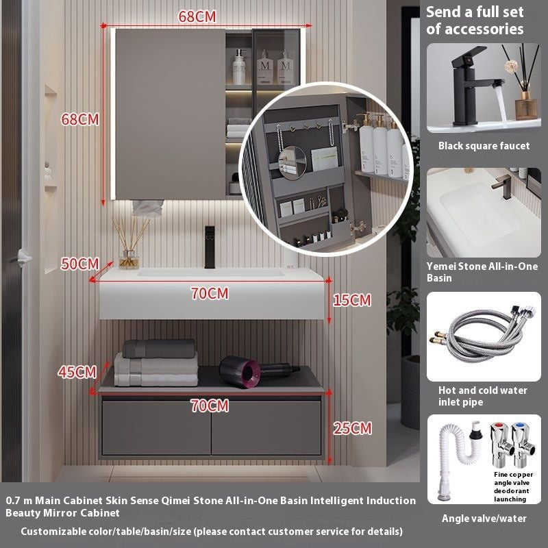 QW- Solid Wood Storage Smart Mirror Cabinet Bathroom Hand Washing Stone