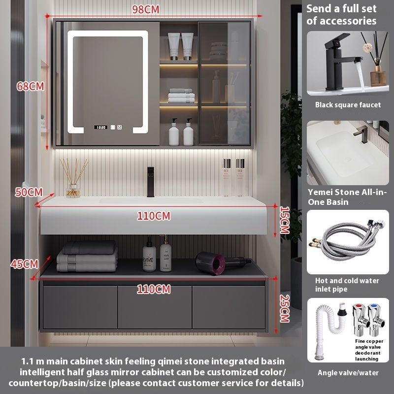 QW- Solid Wood Storage Smart Mirror Cabinet Bathroom Hand Washing Stone