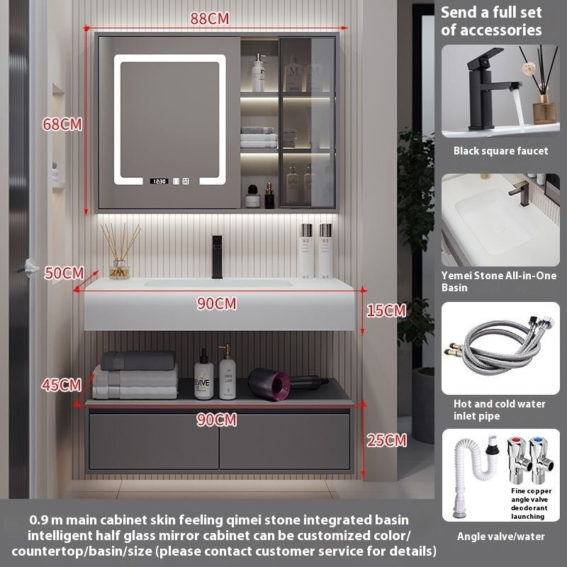 QW- Solid Wood Storage Smart Mirror Cabinet Bathroom Hand Washing Stone