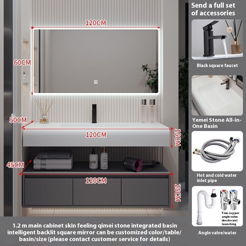 QW- Solid Wood Storage Smart Mirror Cabinet Bathroom Hand Washing Stone
