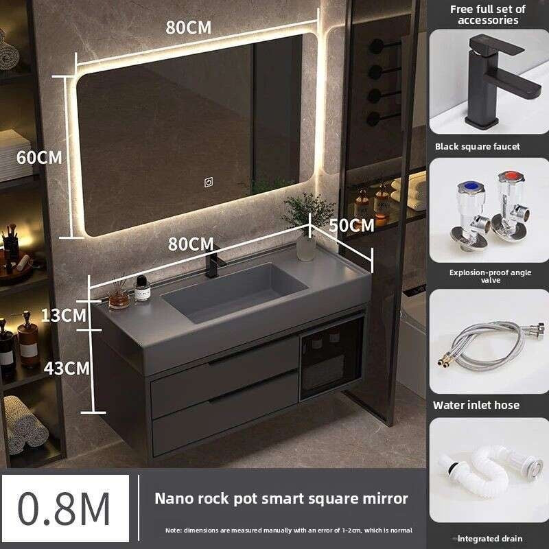 Set Kabinet Penyimpanan Kayu Asli QW- Cermin Pintar di Sinki Bilik Mandi 