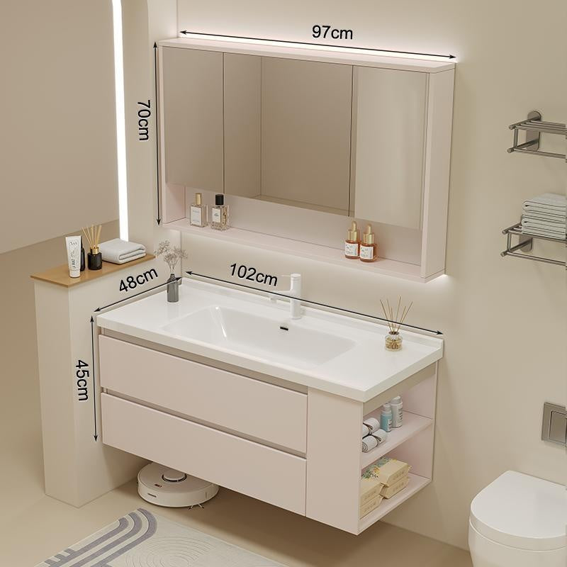 Set Singki Bilik Mandi Kabinet Cermin Pintar Penyimpanan Kayu Padu QW- 