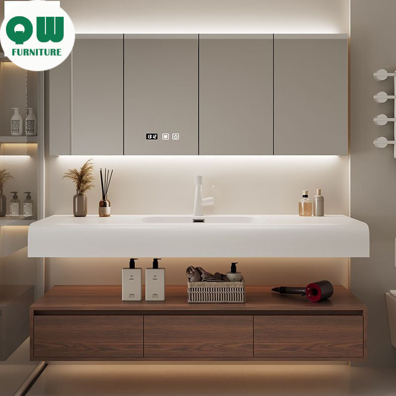 QW- Smart Mirror from Walnut Wood with Integrated Washbasin and Bathroom Storage Cabinet