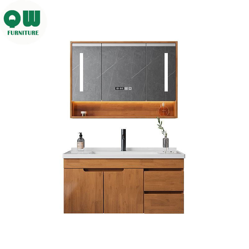 QW- Solid Wood Storage Smart Glass Cabinet Bathroom Sink