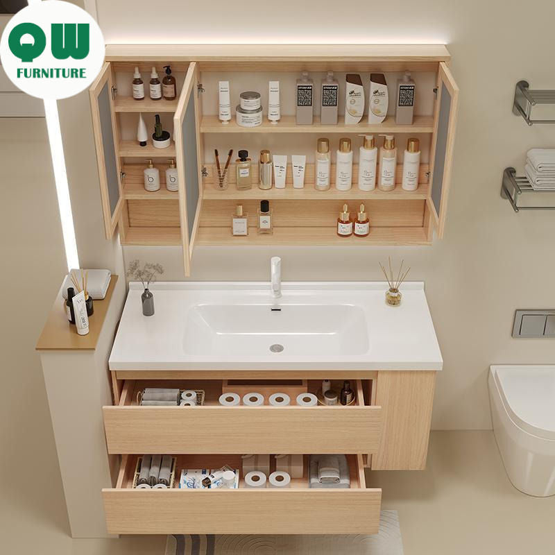 Set Singki Bilik Mandi Kabinet Cermin Pintar Penyimpanan Kayu Padu QW- 