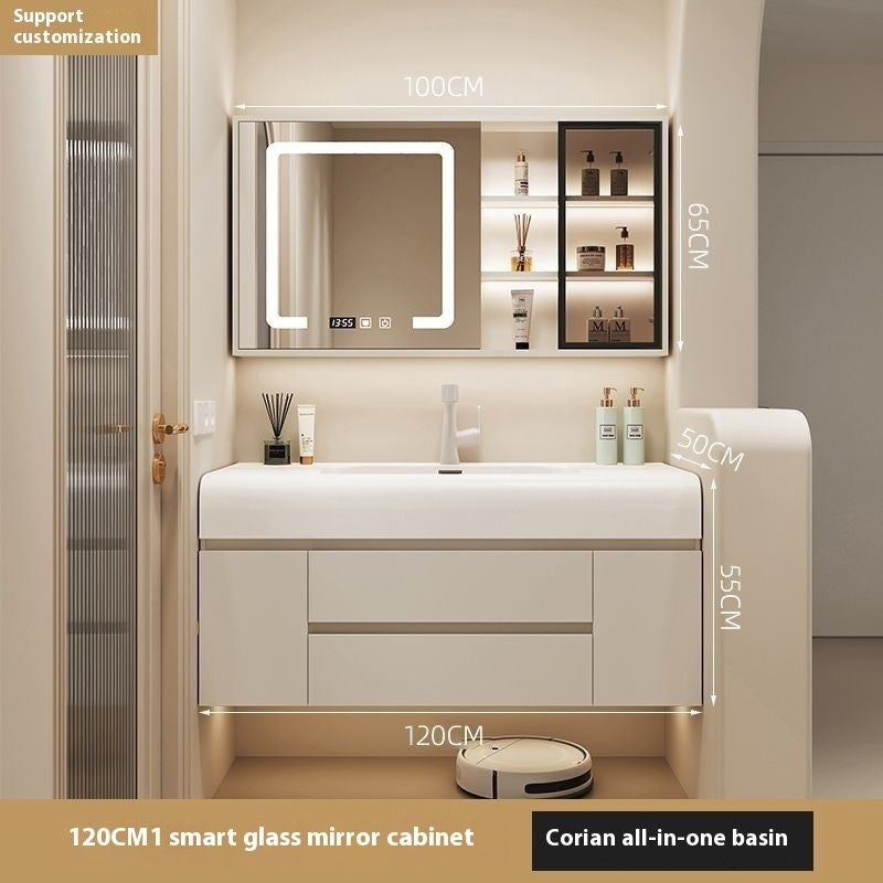 QW- Cream Color Storage Smart Glass Cabinet Bathroom Stone Basin