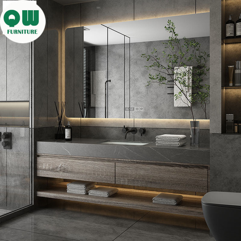 QW- Storan bilik mandi buatan khas yang diperbuat daripada kayu asli, set sinki bilik mandi dan kabinet cermin pintar di bilik mandi. 