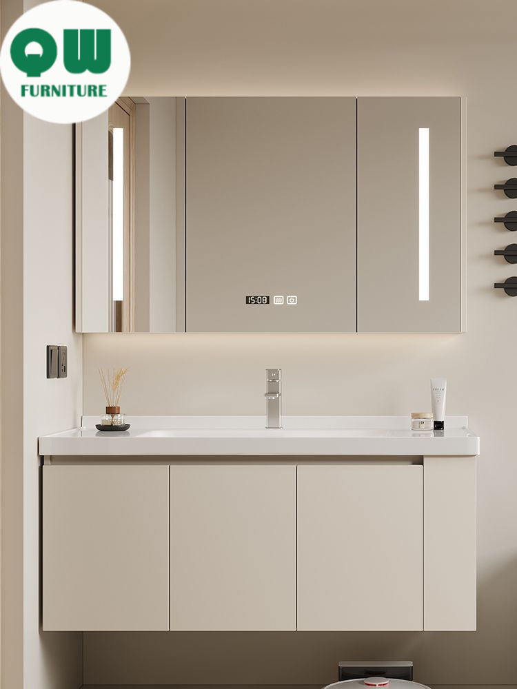 QW- Set kabinet kayu asli dengan cermin pintar dan sinki bilik mandi. 