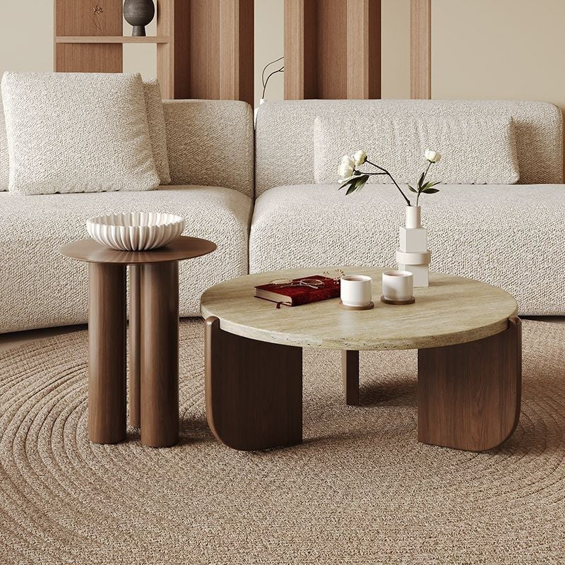 Meja Sofa Marmar Kreatif Bulat Kopi Kayu Padu Ruang Tamu Ringkas Rumah