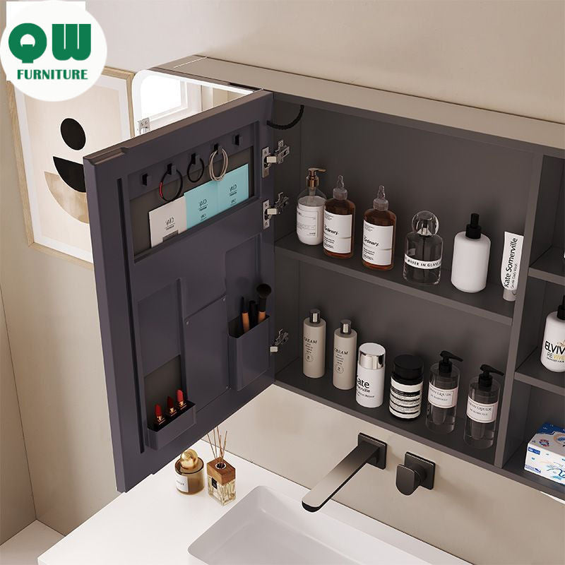 QW- Smart Mirror Cabinet Bathroom Aluminum Metal Can Display Time and Clear Fog