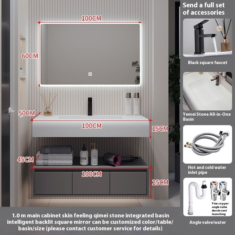 QW- Solid Wood Storage Smart Mirror Cabinet Bathroom Hand Washing Stone
