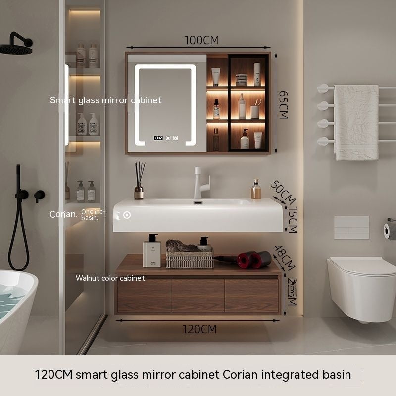 QW- Smart Mirror from Walnut Wood with Integrated Washbasin and Bathroom Storage Cabinet