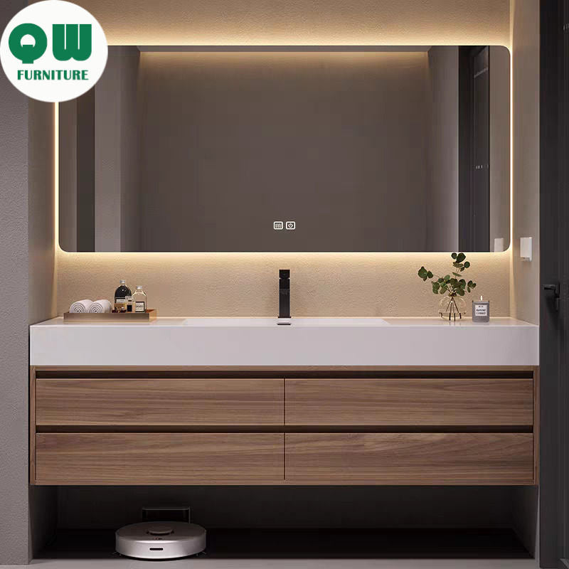 QW- Set kabinet kayu asli buatan khas dengan cermin pintar dan sinki bilik mandi. 