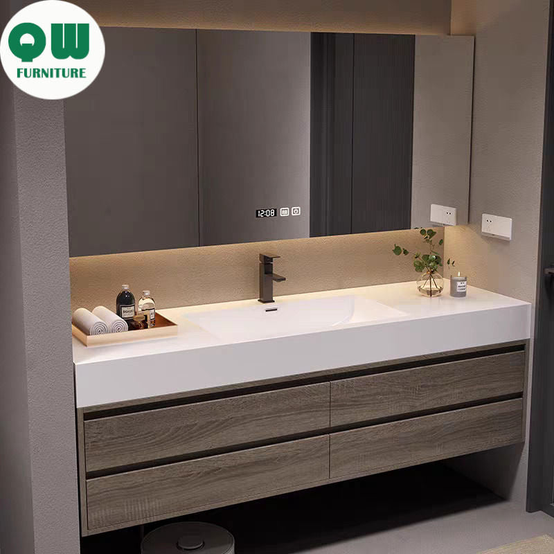 QW- Set kabinet kayu asli buatan khas dengan cermin pintar dan sinki bilik mandi. 