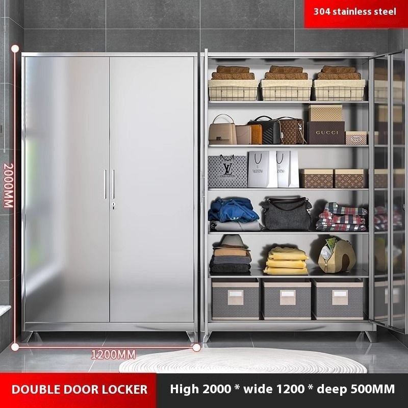 Stainless Steel Wardrobe Home Bedroom Sliding Door Hanging Closet High Capacity Storage Cabinet Balcony All In One Locker