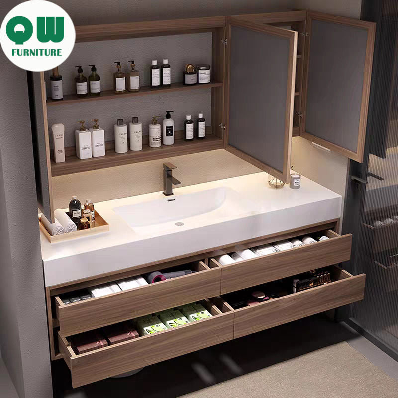 QW- Set kabinet kayu asli buatan khas dengan cermin pintar dan sinki bilik mandi. 