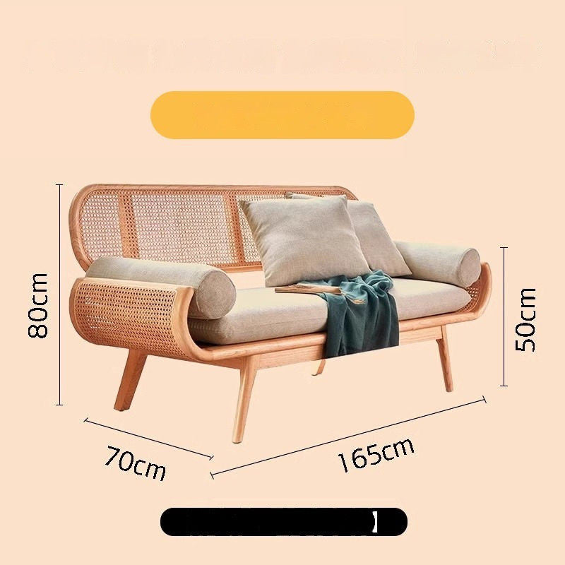 Solid Wood Rattan Woven French Lazy Sofa Living Room Bedroom Balcony Lounge Three-Person Chair
