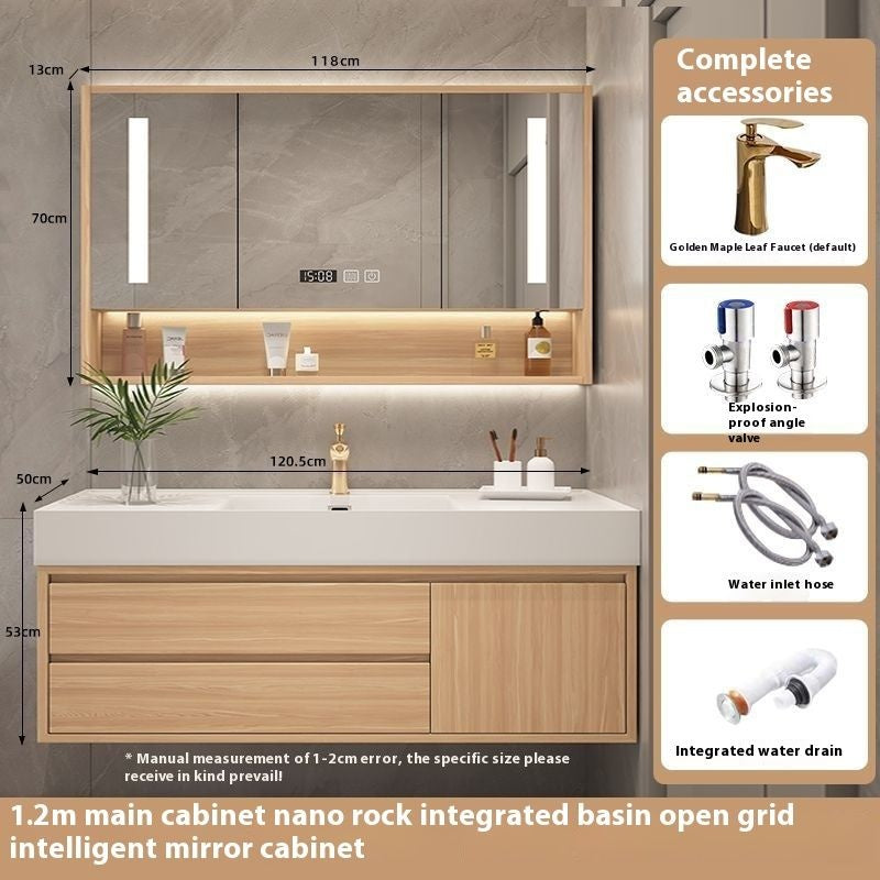 Set Singki Kabinet Penyimpanan Bilik Mandi Cermin Kayu Padu Pintar QW- 