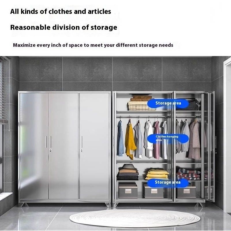 Stainless Steel Wardrobe Home Bedroom Sliding Door Hanging Closet High Capacity Storage Cabinet Balcony All In One Locker