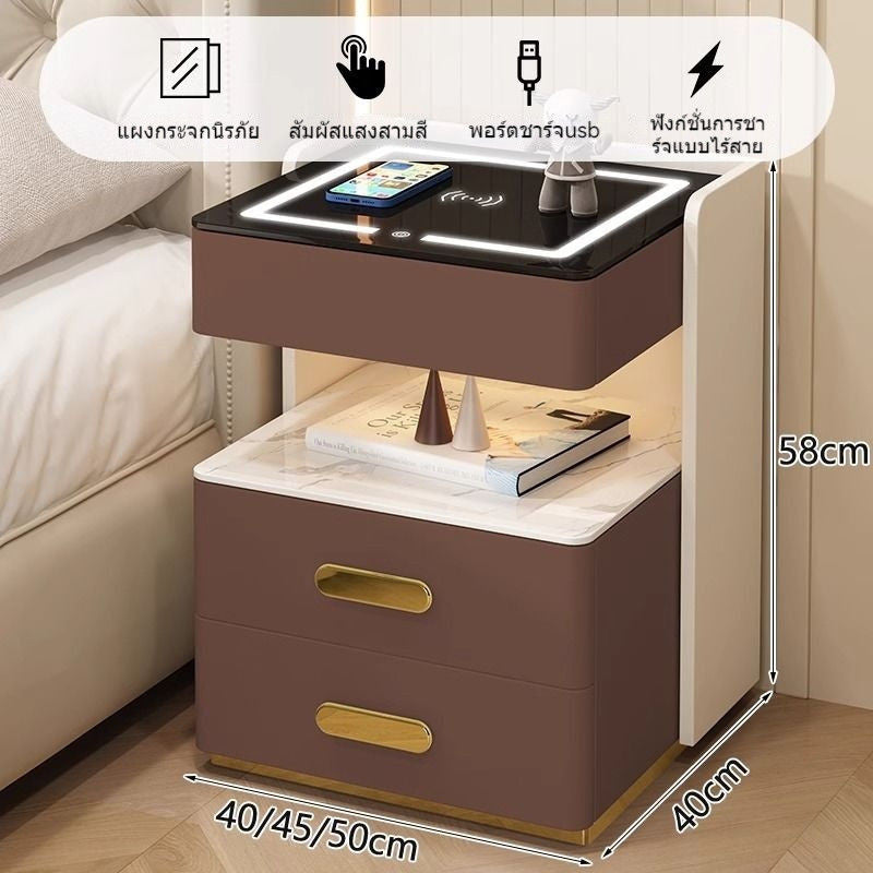Meja Pelbagai Fungsi Kayu Padu Pintar Lampu Induksi Tanpa Wayar Kabinet Pengecas Bilik Tidur Moden yang Elegan Meja Sisi