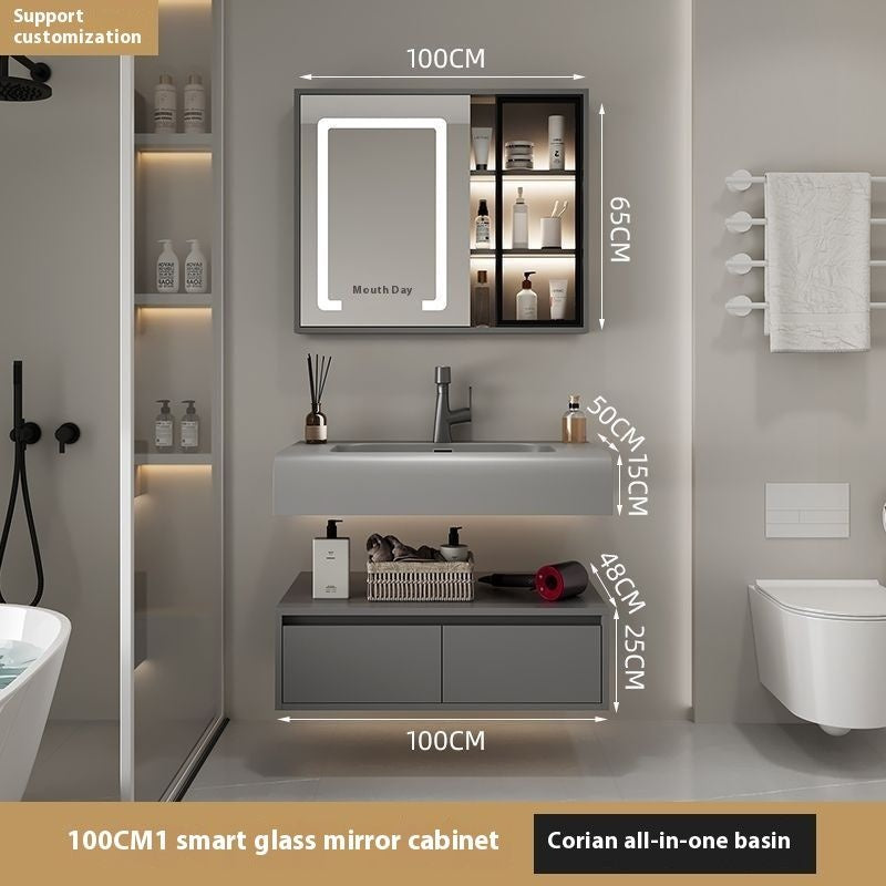 Set Singki Penyimpanan Kayu Asli QW- Kabinet Cermin Pintar di Bilik Mandi 
