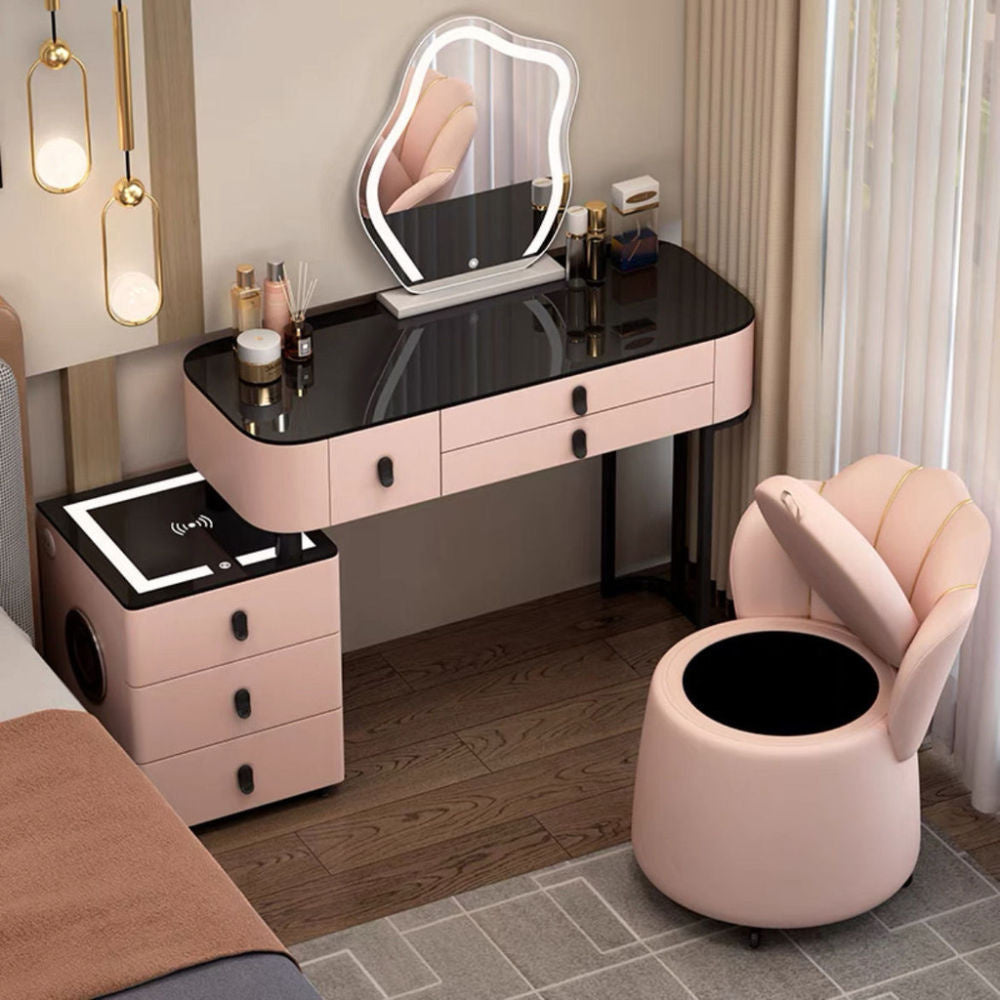 Kabinet Solek Kayu Asli Pintar, Pengecasan Tanpa Wayar, Gaya Nordik Elegan untuk Bilik Tidur Meja solek moden yang ringkas Boleh berfungsi dalam pelbagai cara