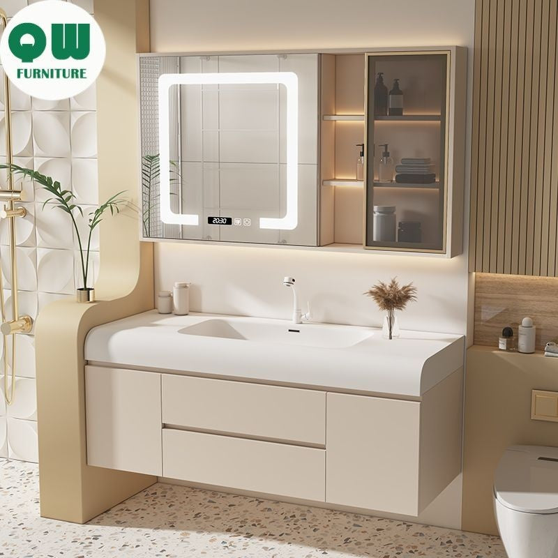 QW- Cream Color Storage Smart Glass Cabinet Bathroom Stone Basin