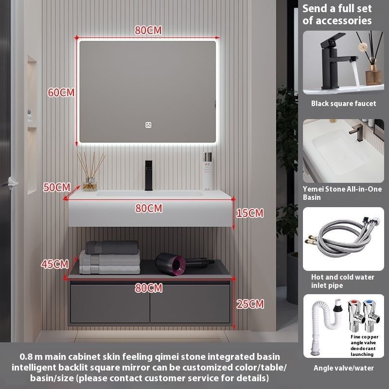 QW- Solid Wood Storage Smart Mirror Cabinet Bathroom Hand Washing Stone