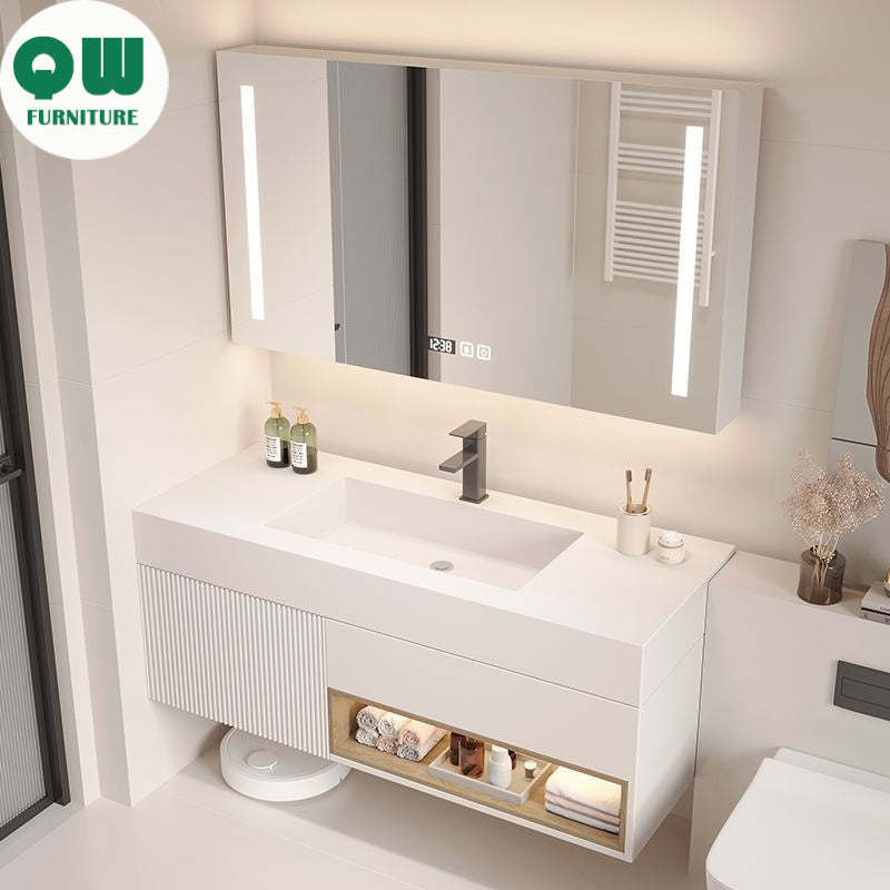 QW- White Storage Smart Mirror Cabinet in the Bathroom, Bathroom Sink