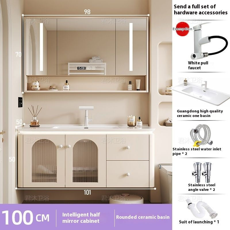 QW- Cream Color Storage Smart Mirror Cabinet Bathroom Sink Set