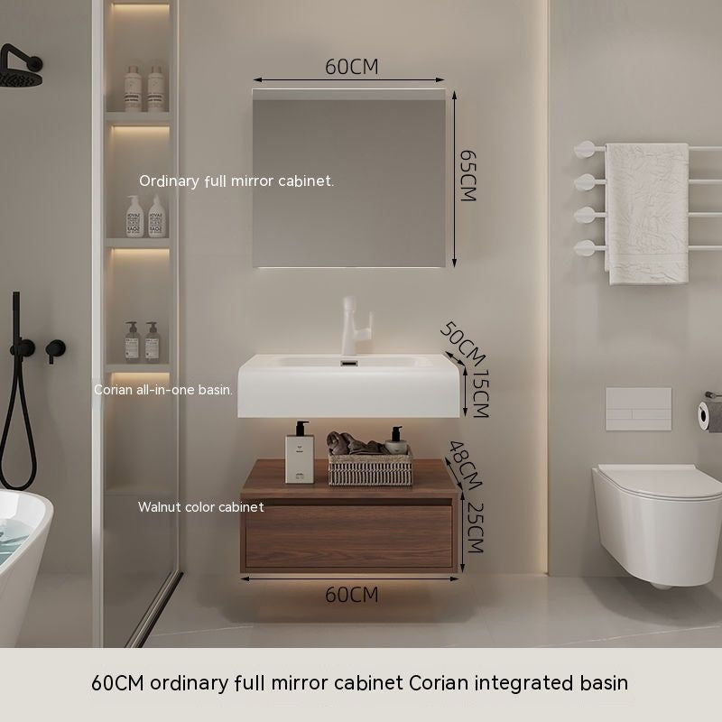 QW- Smart Mirror from Walnut Wood with Integrated Washbasin and Bathroom Storage Cabinet