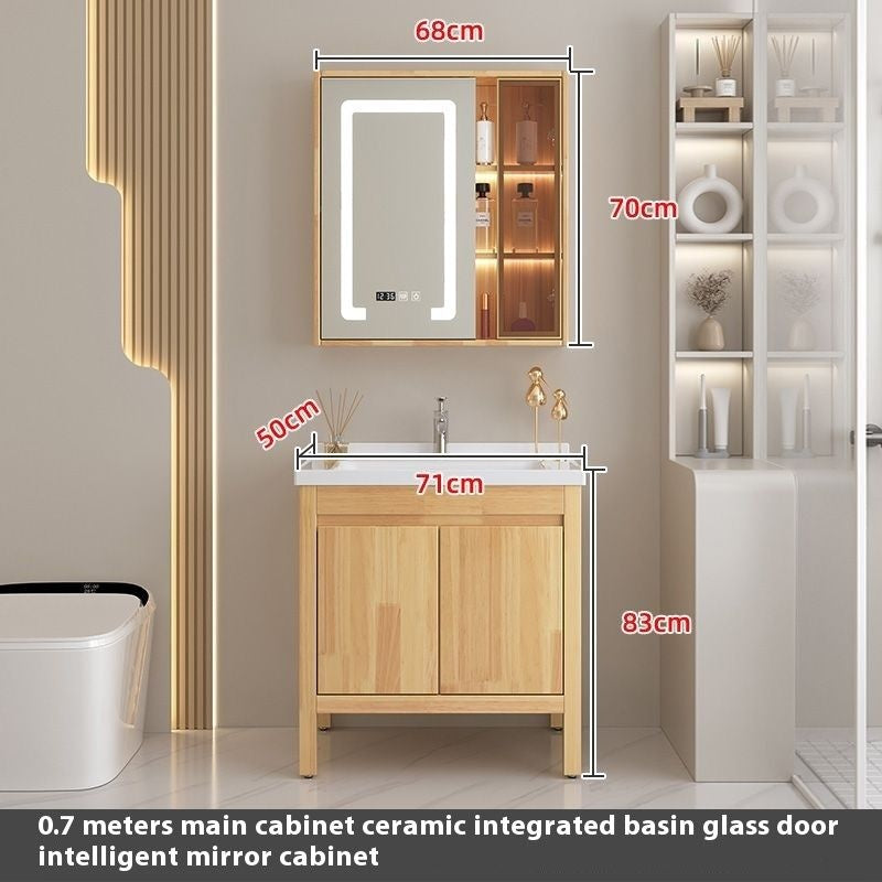 Set Singki Cermin Pintar Kabinet Penyimpanan Kayu Oak QW- di Bilik Mandi 