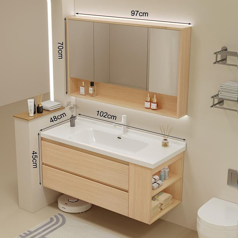 Set Singki Bilik Mandi Kabinet Cermin Pintar Penyimpanan Kayu Padu QW- 