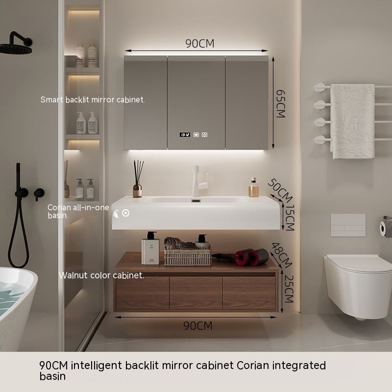 QW- Smart Mirror from Walnut Wood with Integrated Washbasin and Bathroom Storage Cabinet