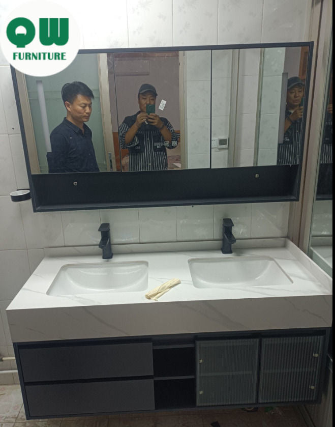 QW- Large Basin Set with Smart Mirror and Real Wood Storage Cabinet for Bathroom