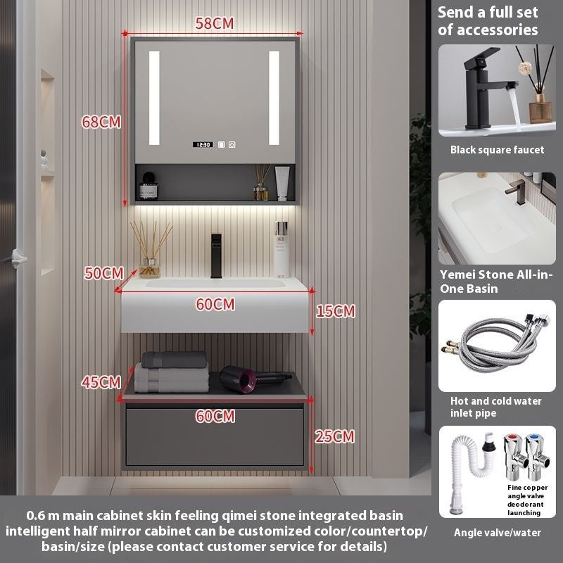 QW- Solid Wood Storage Smart Mirror Cabinet Bathroom Hand Washing Stone