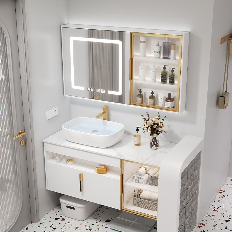 Set Singki Bilik Mandi Kabinet Cermin Pintar Penyimpanan Kayu Padu QW- 
