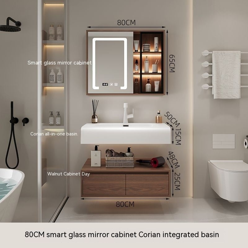 QW- Smart Mirror from Walnut Wood with Integrated Washbasin and Bathroom Storage Cabinet