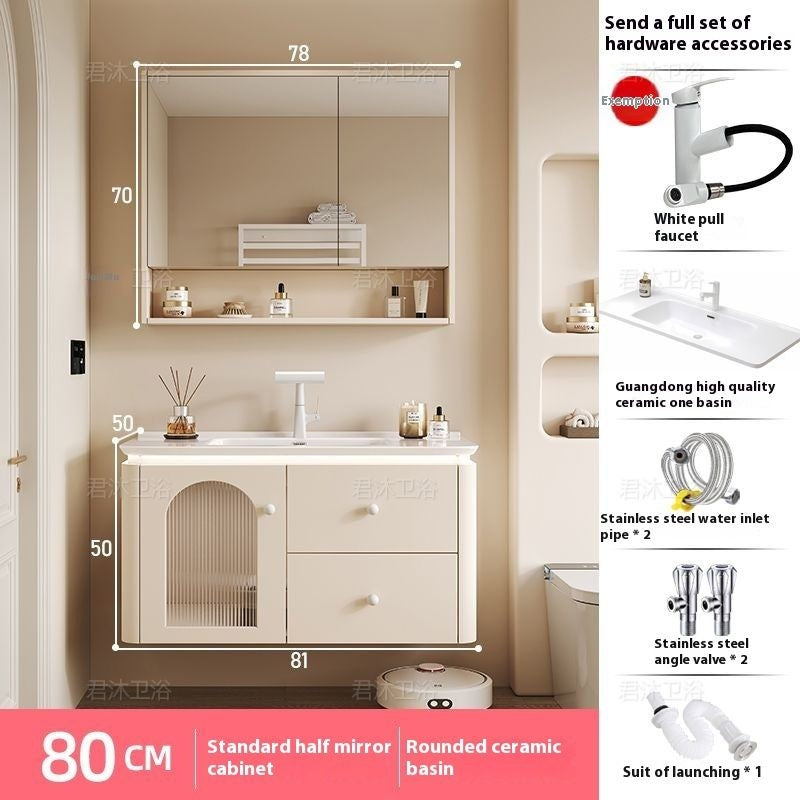 QW- Cream Color Storage Smart Mirror Cabinet Bathroom Sink Set