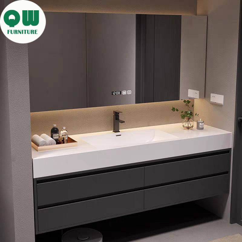 QW- Set kabinet kayu asli buatan khas dengan cermin pintar dan sinki bilik mandi. 