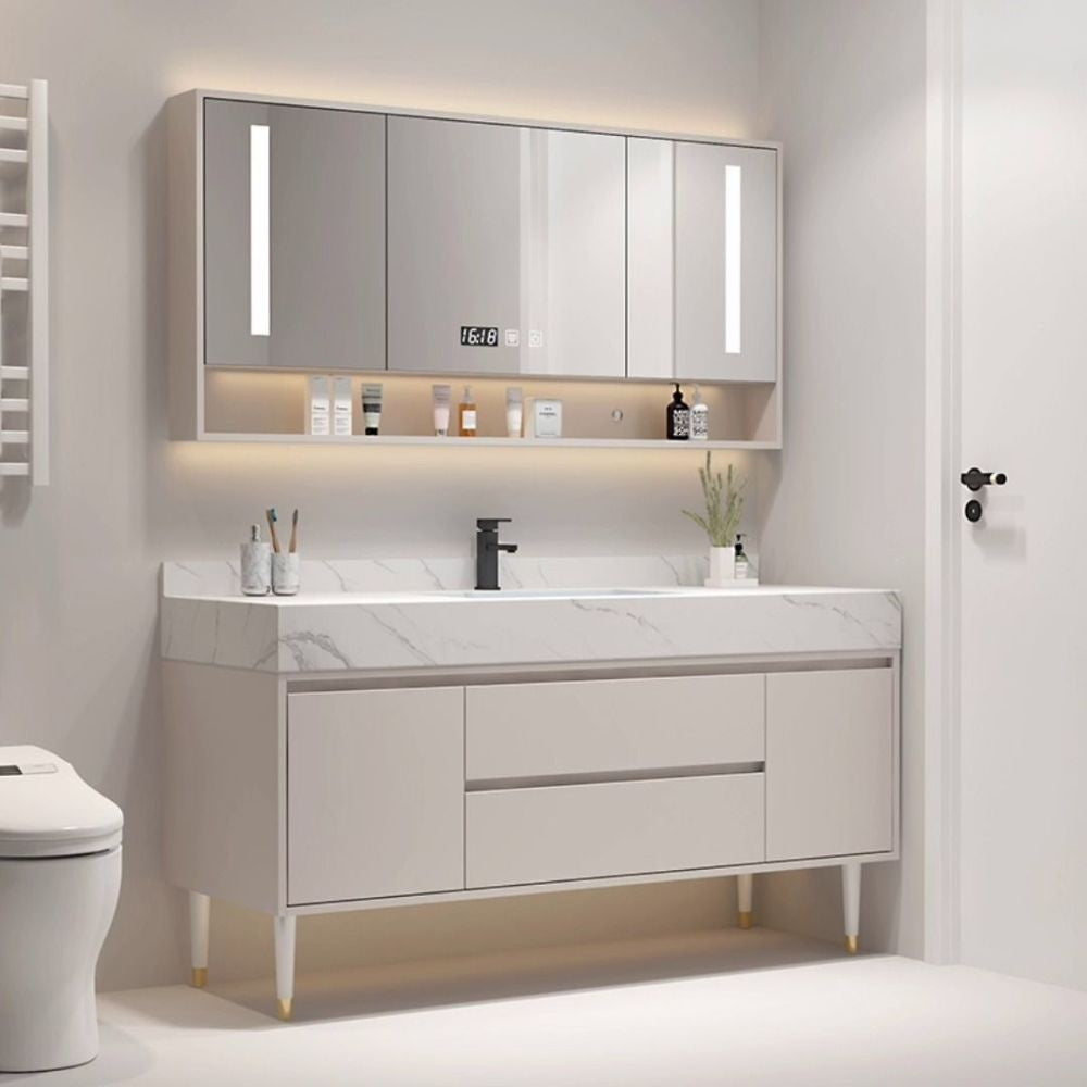 Set Singki Bilik Mandi Kabinet Cermin Pintar Penyimpanan Kayu Padu Tersuai QW 