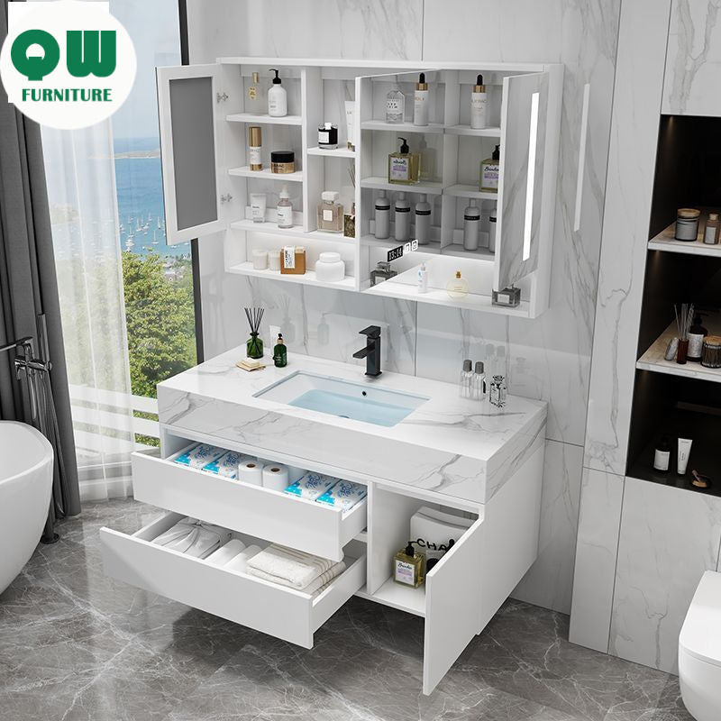 QW- Marble Solid Wood Basin Set Integrated Bathroom Storage Cabinet