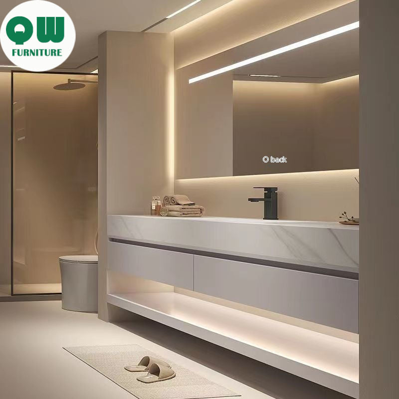 QW- storan diperbuat daripada sinki kayu asli, Kabinet cermin pintar bilik mandi 