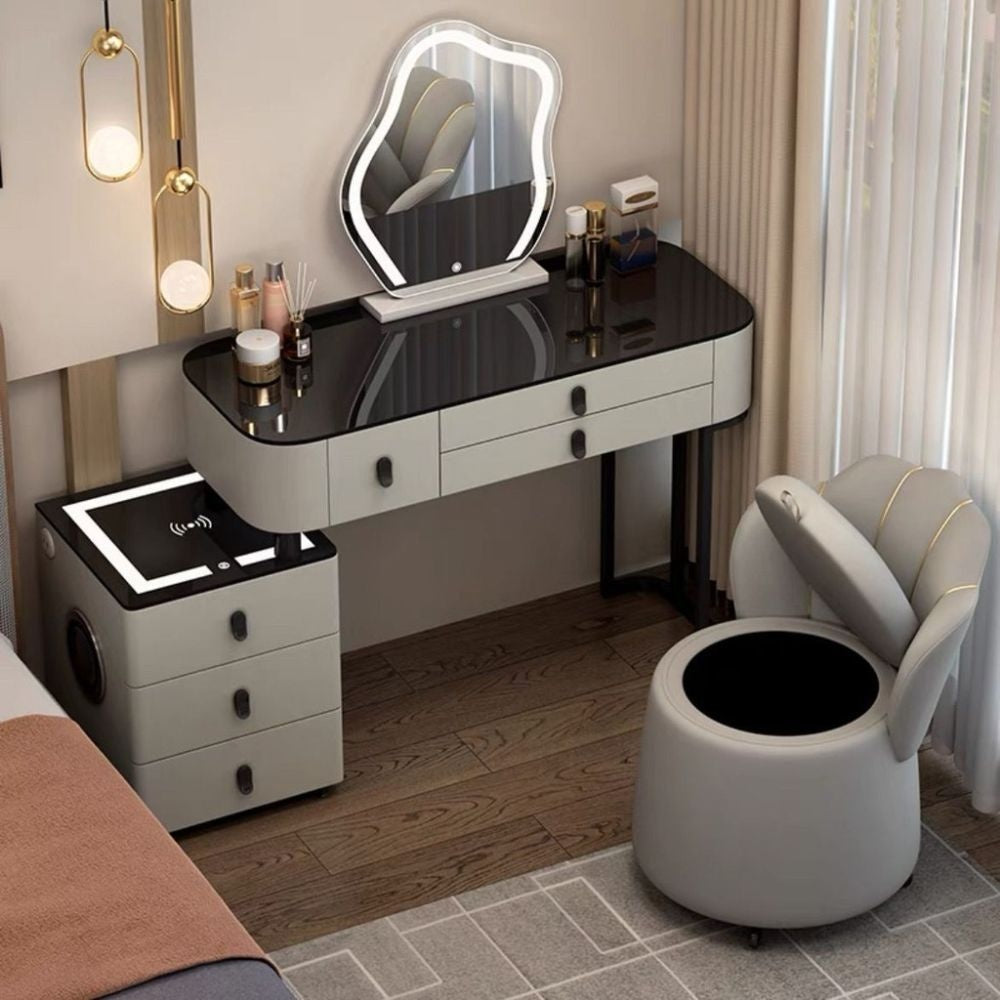 Kabinet Solek Kayu Asli Pintar, Pengecasan Tanpa Wayar, Gaya Nordik Elegan untuk Bilik Tidur Meja solek moden yang ringkas Boleh berfungsi dalam pelbagai cara