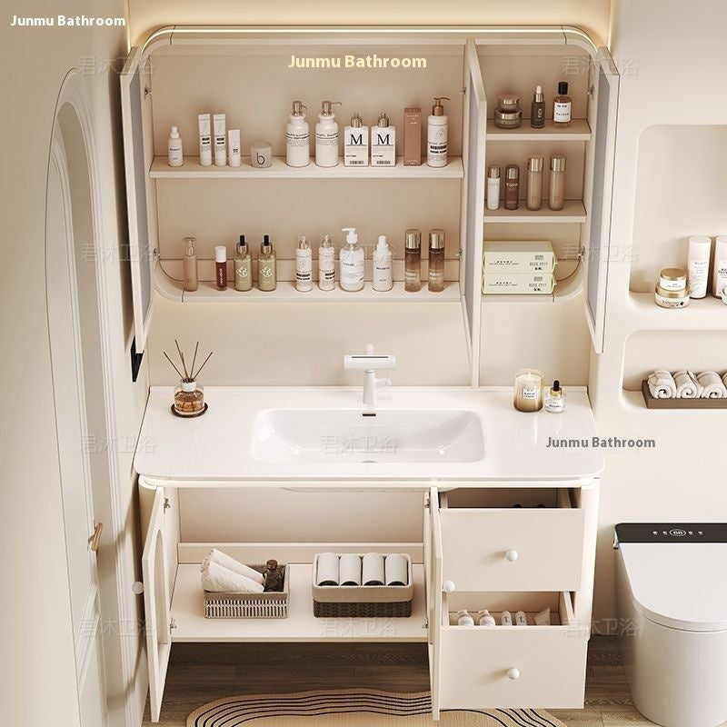 QW- Cream Color Storage Smart Mirror Cabinet Bathroom Sink Set