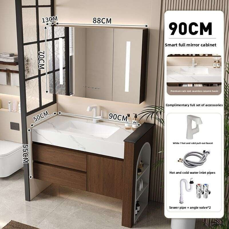 QW- Kabinet Cermin Pintar Penyimpanan Kayu Asli Buatan Sendiri untuk Bilik Mandi, Set Singki Bilik Mandi