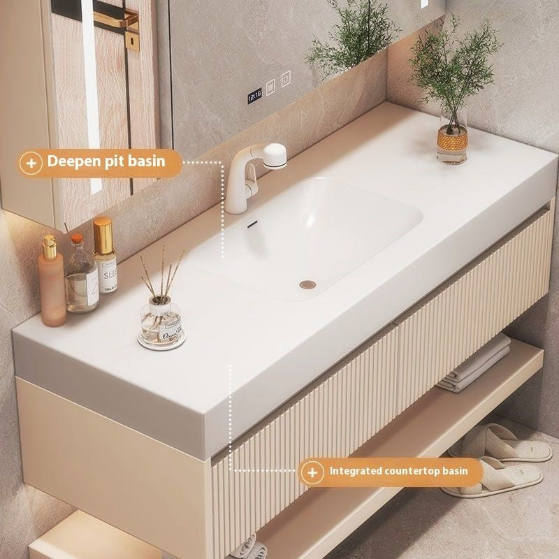 QW- Custom-made Cream Color Luxury Storage Smart Mirror Cabinet Bathroom Basin