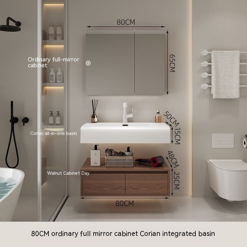 QW- Smart Mirror from Walnut Wood with Integrated Washbasin and Bathroom Storage Cabinet