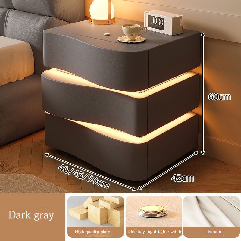 Cream Style Table, Home Bedside Storage Cabinet, Modern Solid Wood Bedroom, Smart Belt Light
