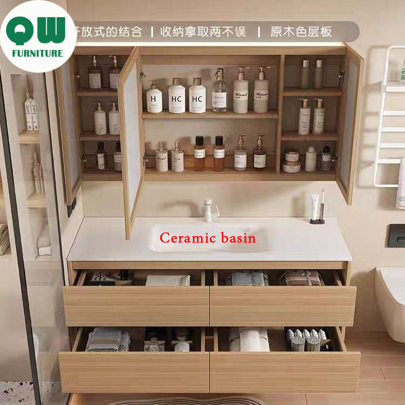 QW- Customized Solid Wood Bathroom Storage Cabinet, Sink Set, Smart Mirror Cabinet